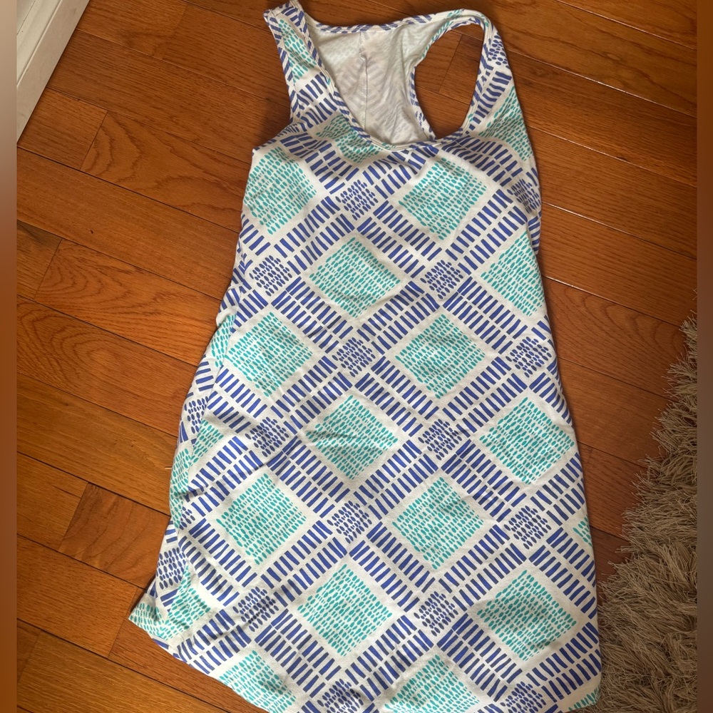Mahi Gold Blue and White Geometric Patterned Tank Dress small